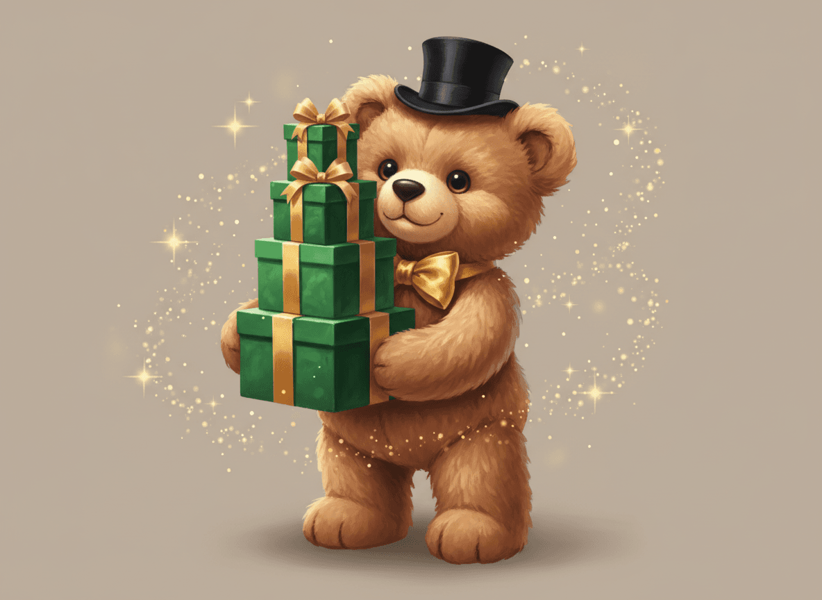 Teddy bear wearing a top hat and holding green gift boxes with golden ribbons